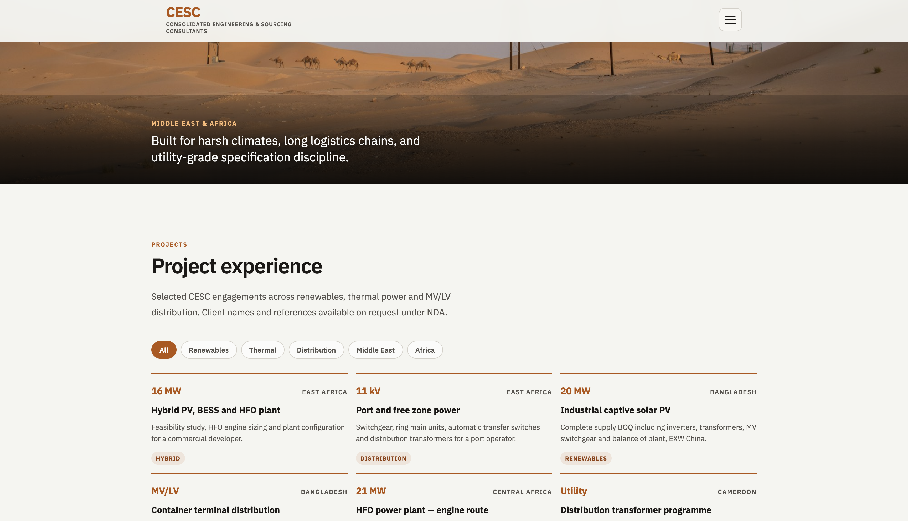 CESC project experience page with regional and energy-sector filters