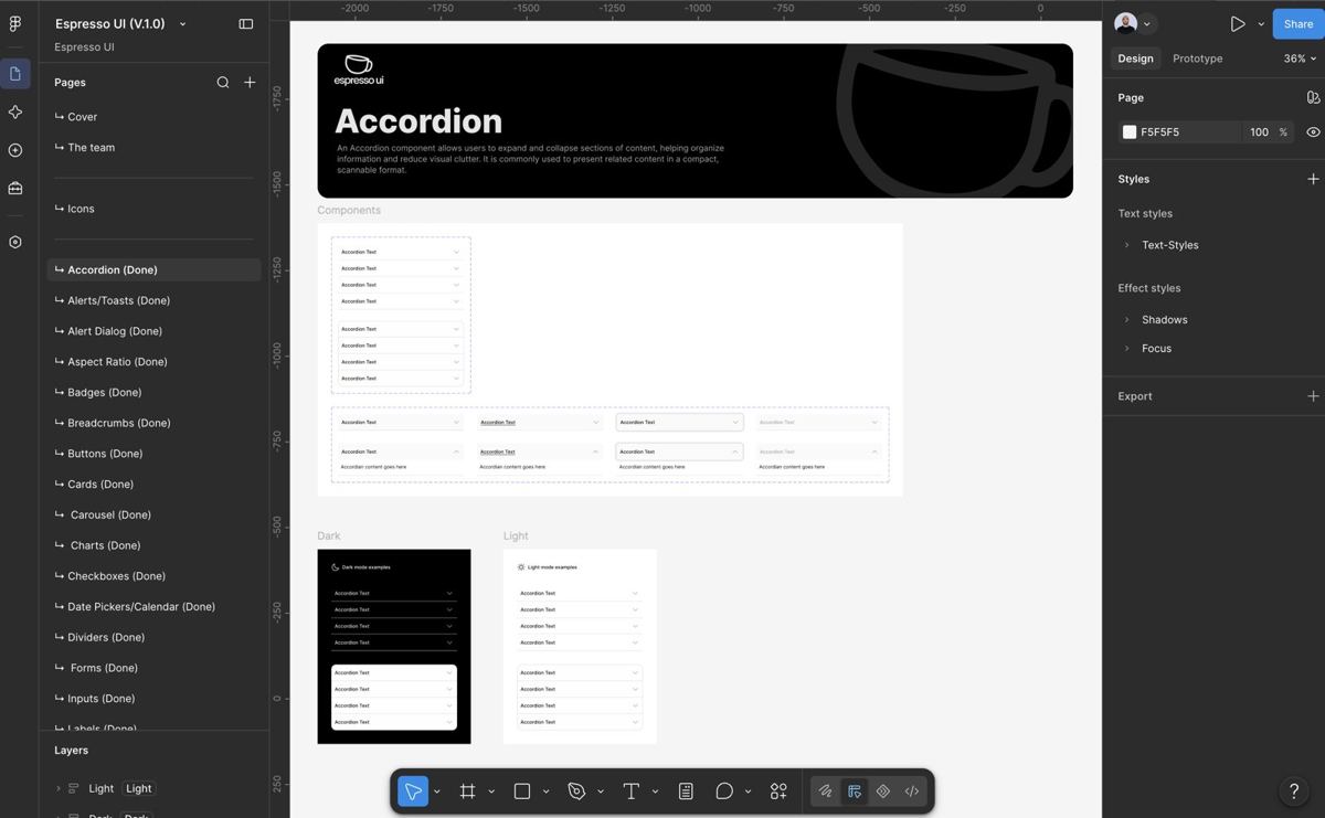Espresso UI accordion component in Figma