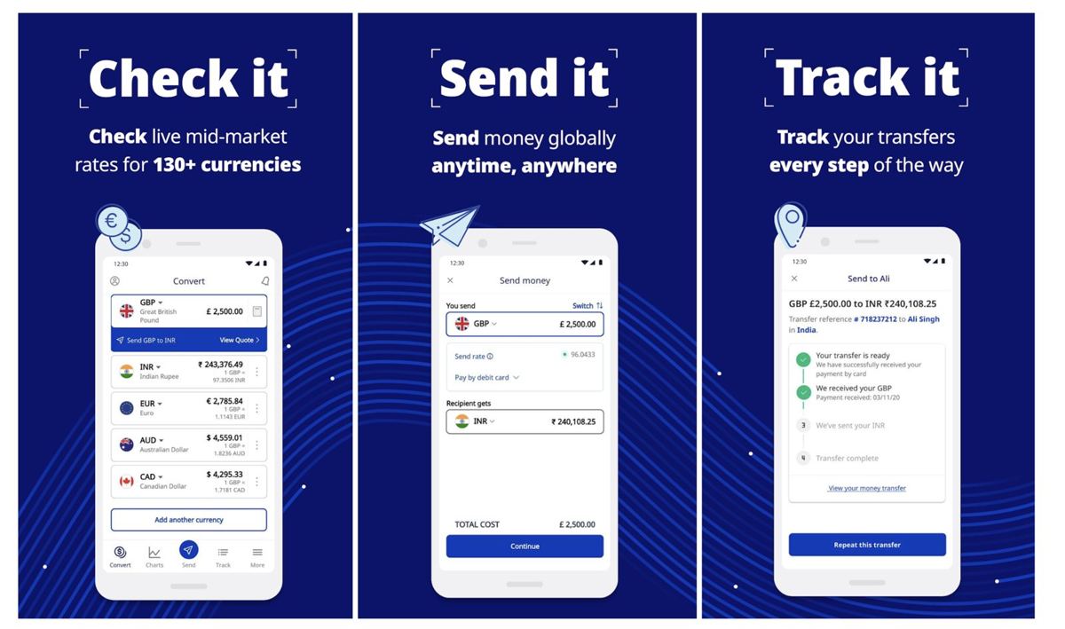 XE app screens: check rates, send money, track transfers
